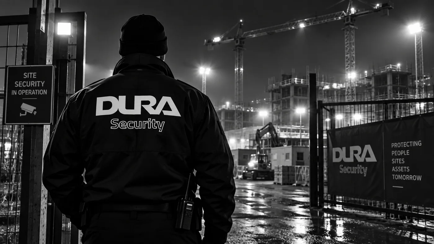 DURA Security-beveiliger bij een bouwplaats in de avond